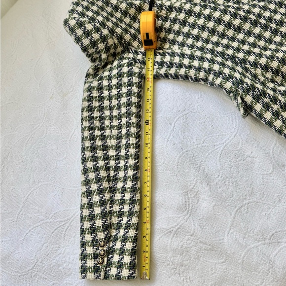 Zara Double Breasted Houndstooth Tweed Blazer Jacket Ivory Navy Green Small - Picture 9 of 14